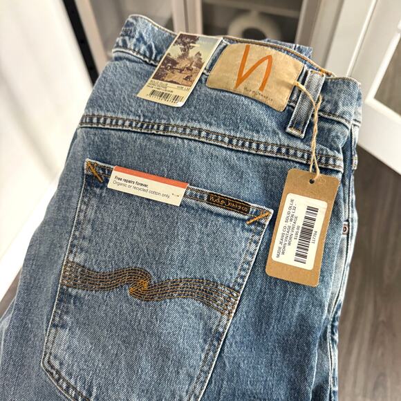 Nudie Solid Ollie Slim Fit Worn Vintage Straight Leg Jeans 36x32 NEW Blue Denim - Picture 6 of 9